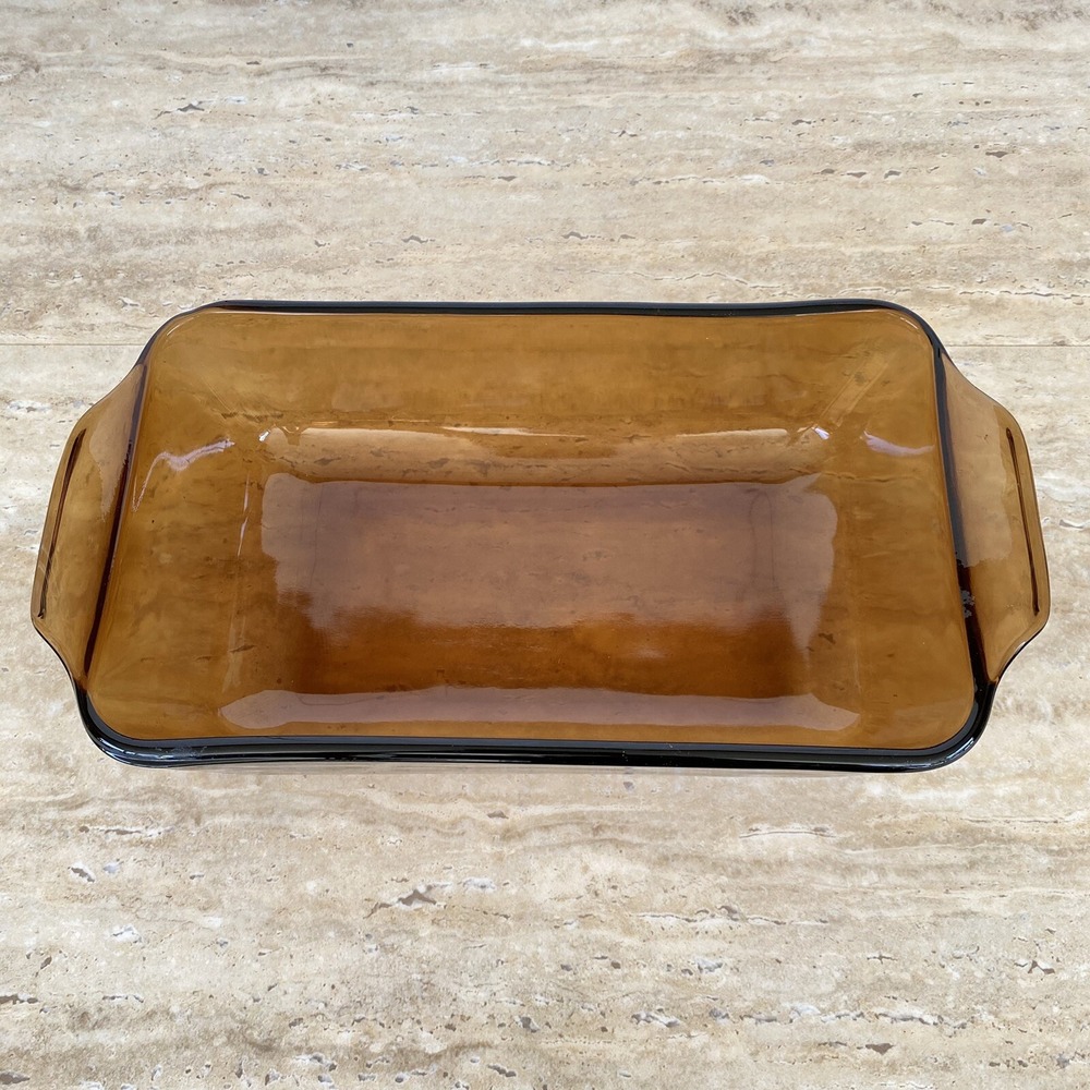 Anchor Hocking Fire King Loaf Pan Amber Glass 1 Qt w/ Wicker Basket Vintage MCM - Picture 9 of 9